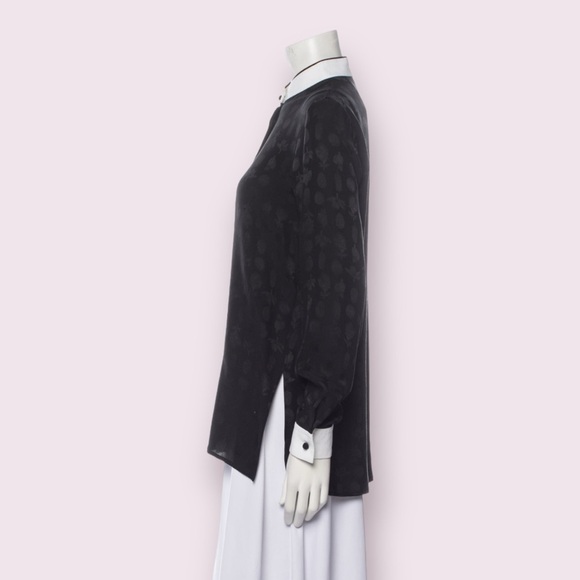 The Row Silk Blouse Black Long Sleeve Jacquard White Mock Neck Collar Size 6 - Picture 4 of 15